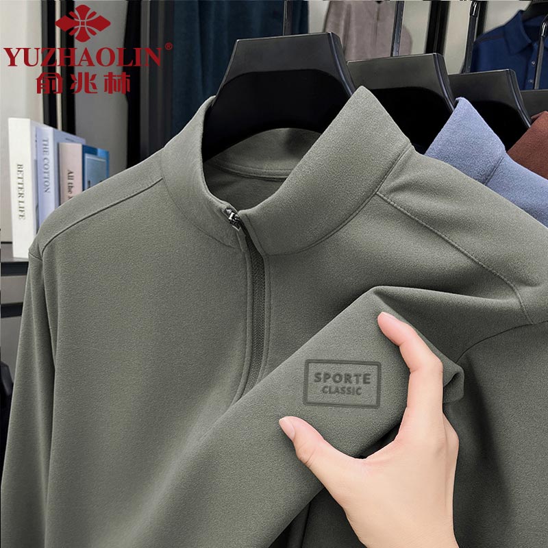 俞兆林（YUZHAOLIN）男士德绒长袖t恤秋冬季保暖半拉链打底衫中青年半高领体恤衫潮流 豆绿色 2XL （建议155到170斤穿）