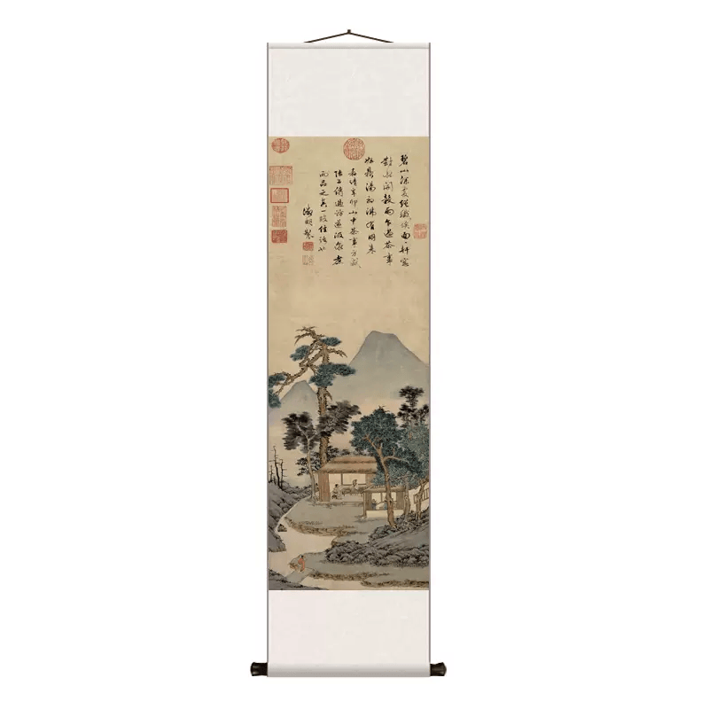 文征明品茶图听琴图仿古山水名家字画书房茶室茶楼挂画办公室走廊 品茶图 100x30 丝绢画心丝绸画