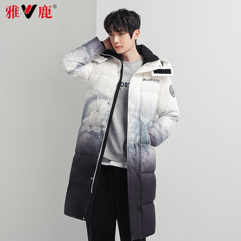 雅鹿羽绒服男女2025冬季新款迷彩加厚连帽保暖鸭绒长款时尚外套潮Q 渐变花色男款 M 170 推荐125-145斤