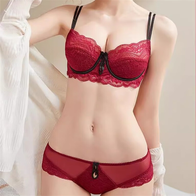 VICTTORIS BARS维多软钢圈大胸显小弹力带不滑肩红蕾丝性感薄款透气纯欲内衣套装 绿色套装 95C 95/42C配2XL码内裤