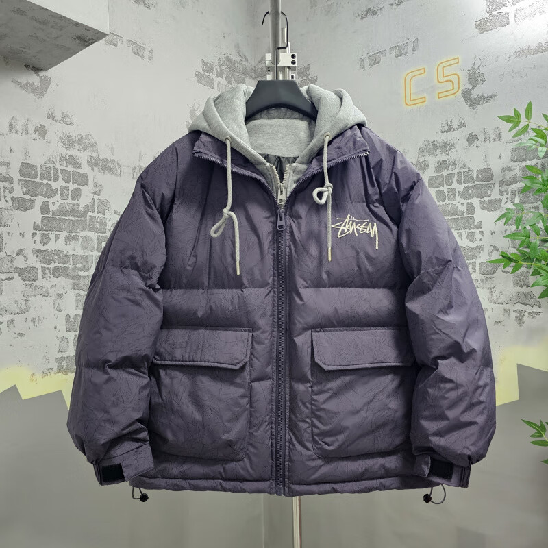 成姿冬季新款男士时尚潮牌宽松假两件连帽服情侣学生痞帅保暖外套 紫色 XL 130-150斤