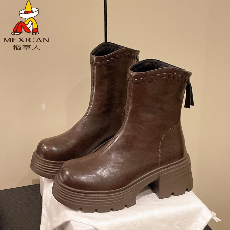 稻草人（MEXICAN）真皮厚底增高马丁靴女加绒2026年冬季新款后拉链时尚复古粗跟短靴 深棕色 加绒 38