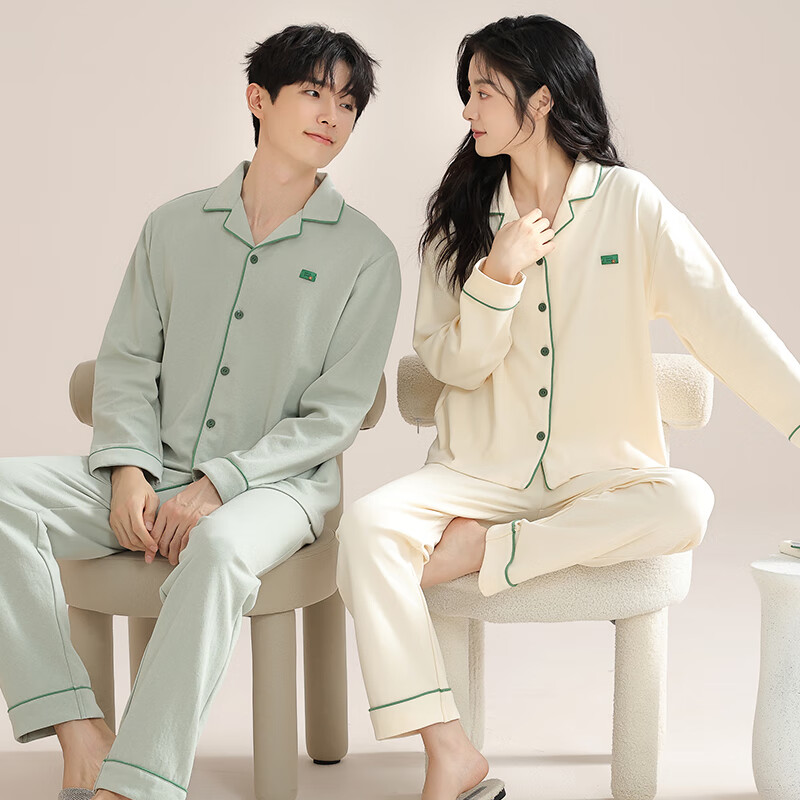 猫人情侣睡衣秋冬季2025新款100%棉男女士长袖简约高级轻奢家居服套装 1号女士家居服套装 100%纯棉 M 【适合80-100斤】