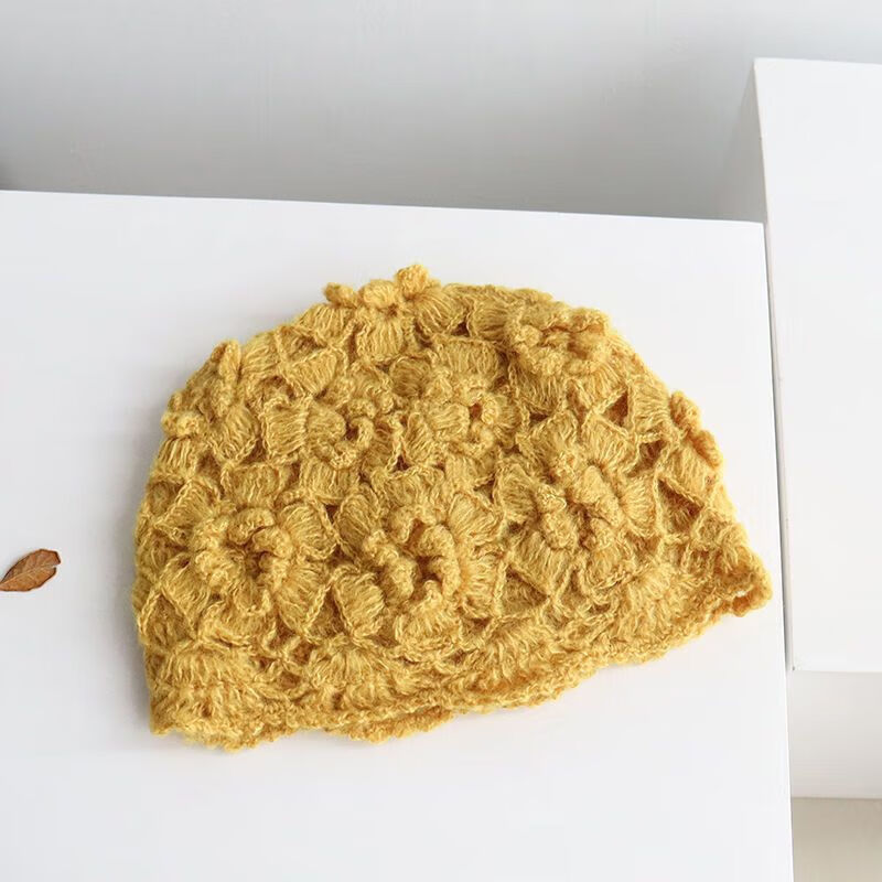 趣士多日系双层手工钩花帽子马海毛帽子时尚贝雷帽秋冬百搭针织贝雷