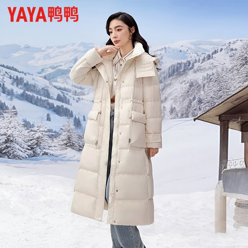 鸭鸭（YAYA）羽绒服女长款过膝纯色设计感韩版时尚连帽冬季新款外套 白色 M