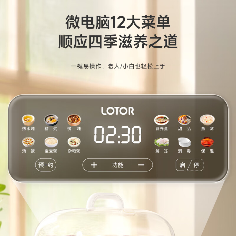 LOTOR徕多电炖锅家用炖盅大容量隔水多功能煲汤炖汤盅陶瓷燕窝电炖盅隔水煮粥神器宝宝辅食锅4-5人用 白色 8L 七胆旗舰款【彩屏12菜单】