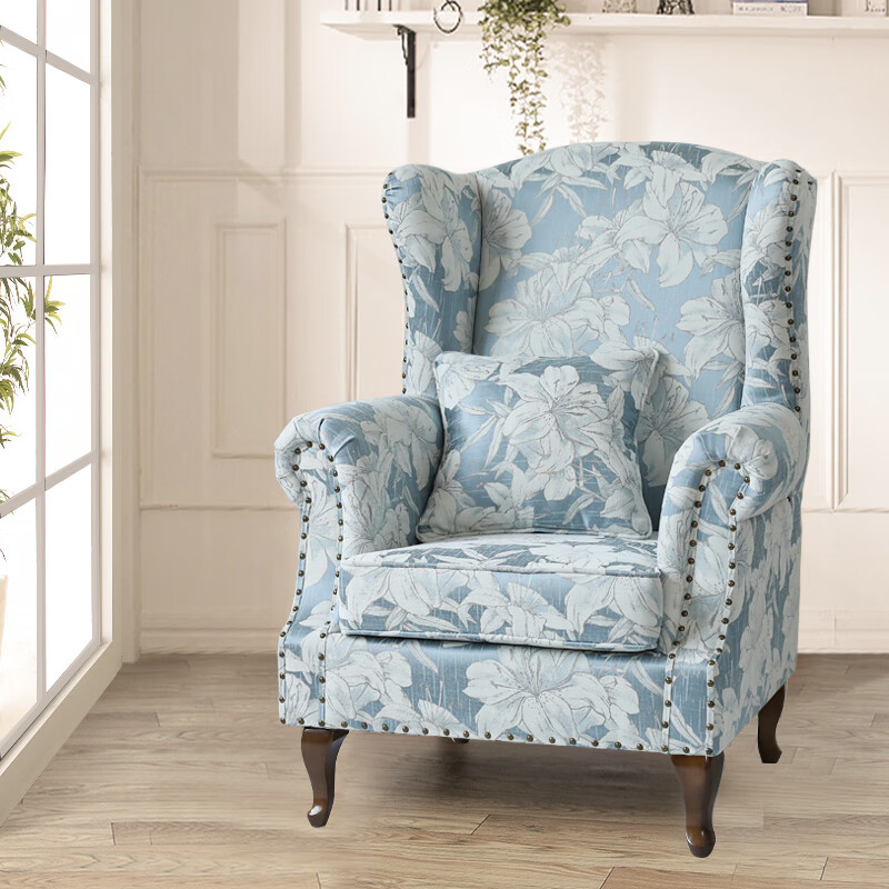 瑞曼莎美式乡村老虎椅布艺北欧田园品质单人沙发椅客厅阳台老虎凳靠背椅 百合  蓝色