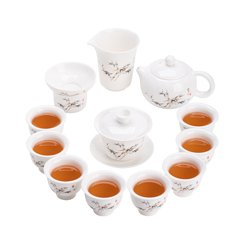 苏氏陶瓷羊脂玉瓷三才盖碗西施壶福竹茶具套装