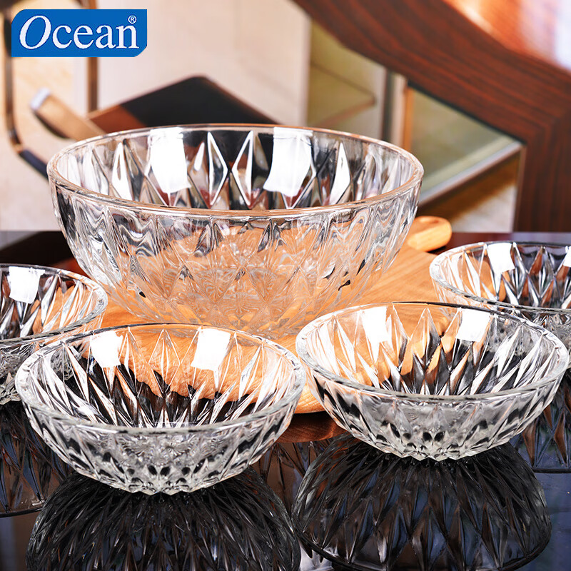 鸥欣ocean进口钻石玻璃碗沙拉碗汤碗饭碗水果甜品碗玻璃盘子餐具套装 钻石小碗X4