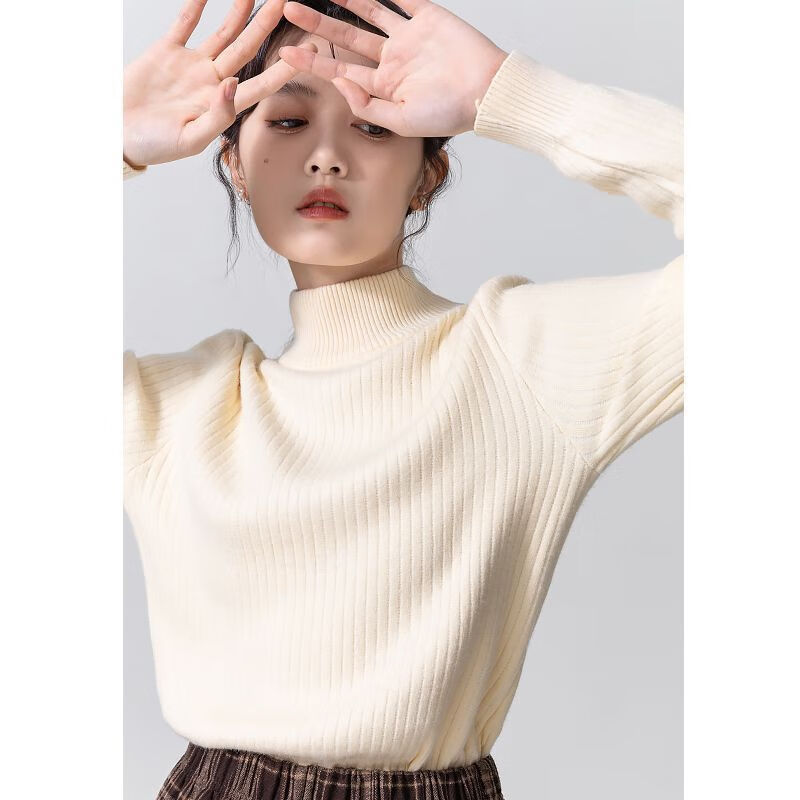 怡曼芙半高领一体绒针织衫女冬季加绒加厚毛衣女新款坑条内搭百搭打底衫 杏色 均码 建议85-135斤
