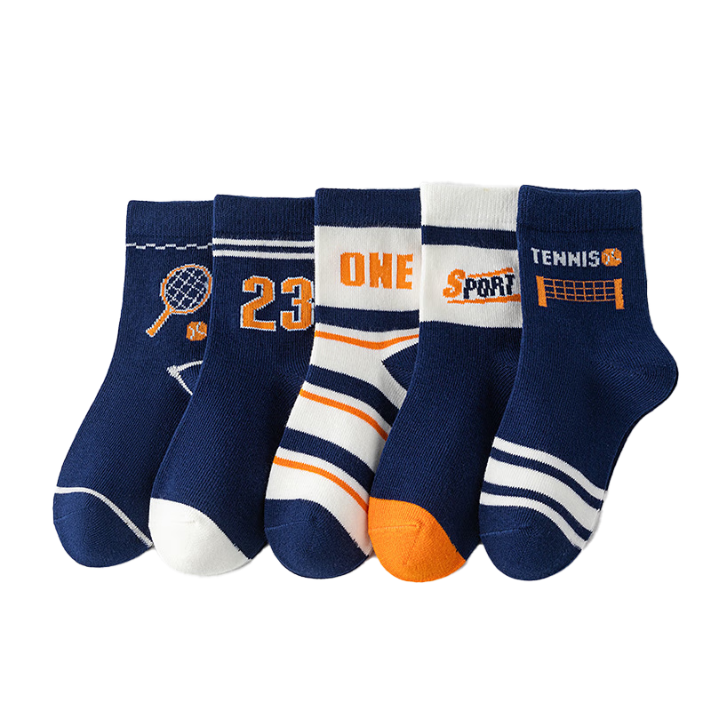 【⭐京东物流】儿童袜子男童运动袜亲肤吸汗棉感无骨不掉跟中筒袜 【5色各1】 1套 5双 9-12岁 【XL码建议脚长20-23CM】