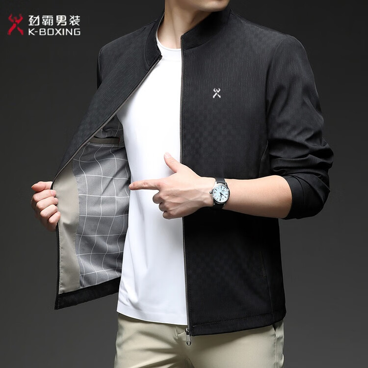 KBHONG劲霸夹克男春秋季行政高端刺绣外套商务休闲免烫中老年爸爸装茄克 有黑色 S 165/建议体重【90-120斤】