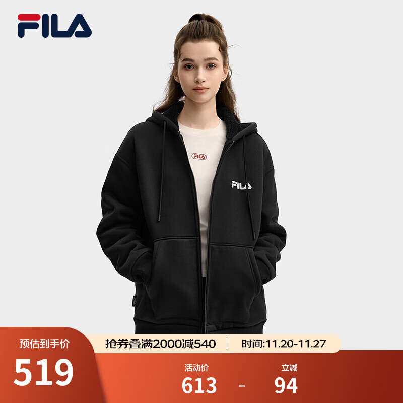 FILA 斐乐官方情侣款针织连帽卫衣外套2025秋季新款休闲纯棉宽松上衣 【加绒款】正黑色-BK L 175/96A/L