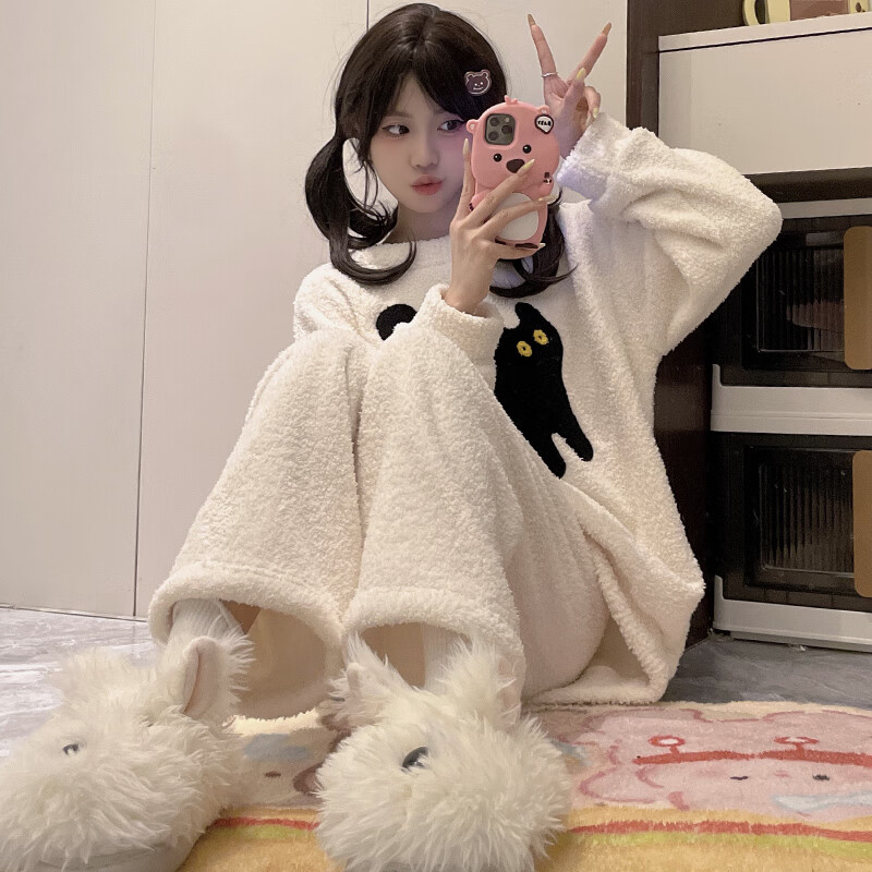 都市丽人睡衣套装女士秋冬季2025新款加绒加厚家居服可爱半边绒睡衣可外穿 可爱小黑猫 XL  （建议120-140斤）