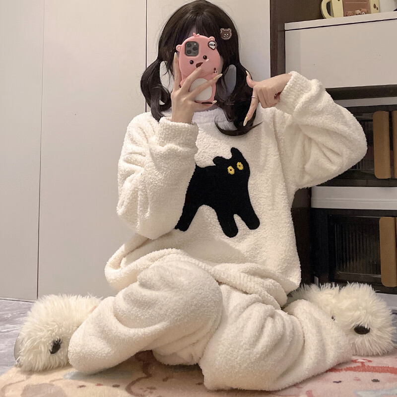 都市丽人睡衣套装女士秋冬季2025新款加绒加厚家居服可爱半边绒睡衣可外穿 可爱小黑猫 L （建议100-120斤）