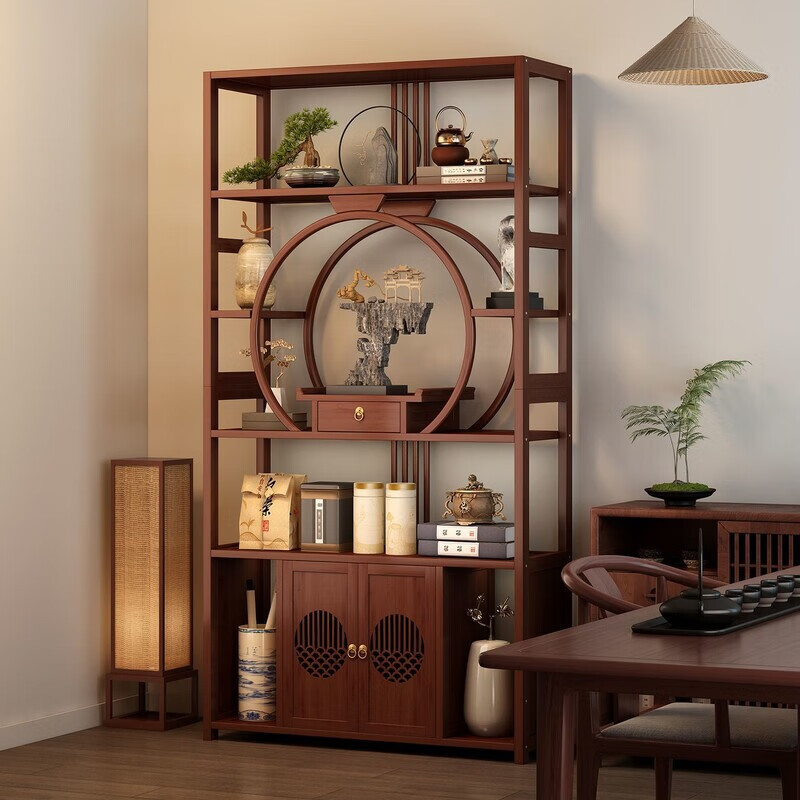 欣慕雅新中式置物架中国风博古架茶柜茶室茶叶茶具展示架花架子室内家用 【加粗加厚】98*25*200*单个圆款