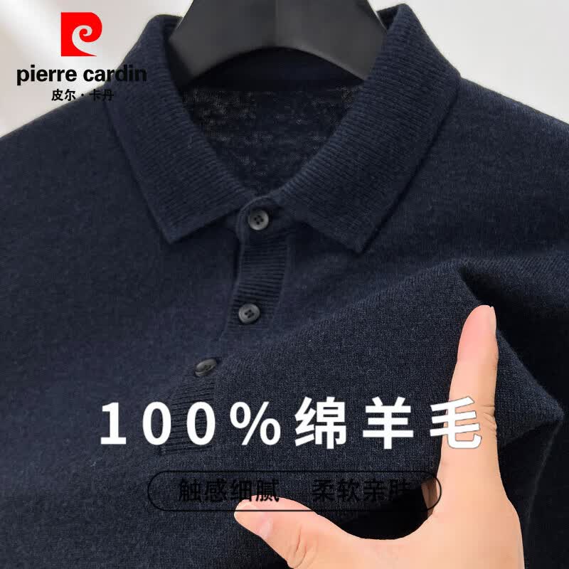 皮尔卡丹100%纯羊毛衫男式翻领纯色秋冬百搭毛衣保暖中青年针织上衣
