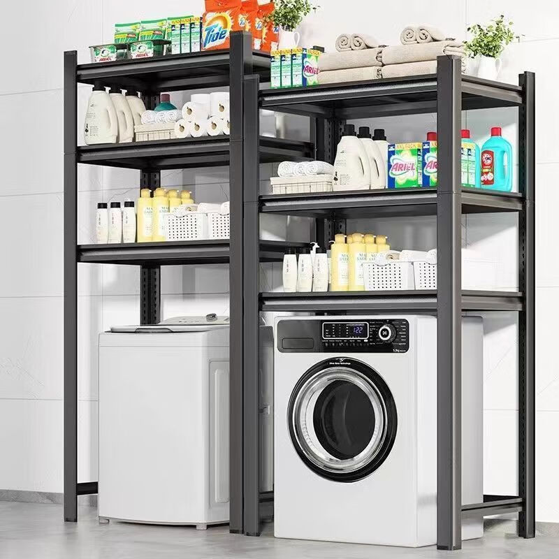 倘然之家滚筒洗衣机架翻盖上方置物架子阳台浴室收纳家用落地可调节置物架 黑色洗衣机架【层高可调/不挡水管】 滚筒款3层60cm长(内长52)