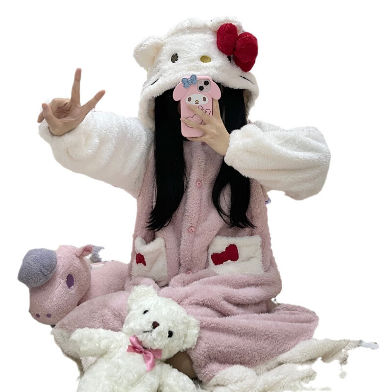 诗莉奥（SHILIAO）2025年新款可爱小猫咪加厚珊瑚绒睡衣女秋冬季法兰绒睡袍 猫咪睡袍 均码 【80-130斤】