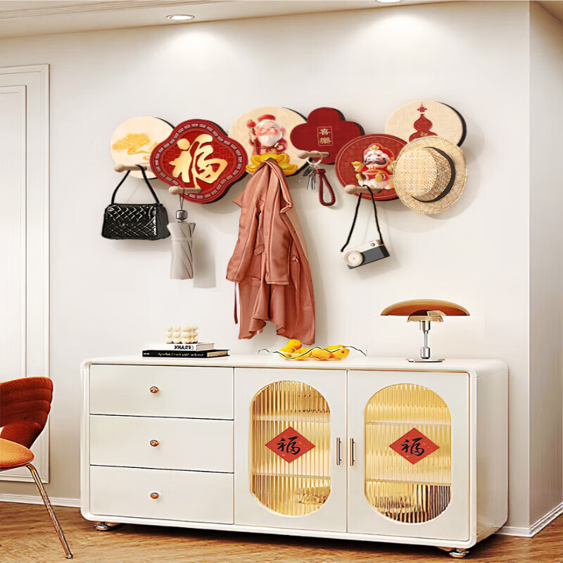 立始新中式创意衣服挂钩玄关衣帽挂架墙上装饰画入户门口免打孔挂衣架 福禄喜乐 60x20cm