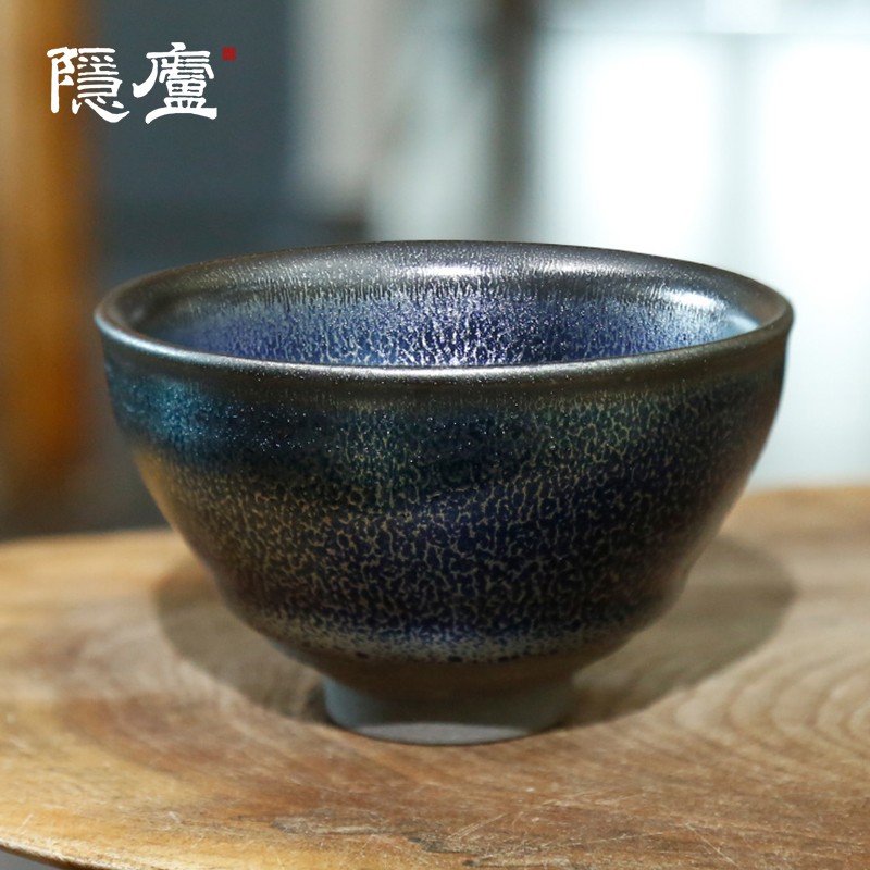 隐庐 周祥麟大师纯手工束口蓝麒麟铁胎建盏杯 建窑主人杯龙鳞纹茶盏