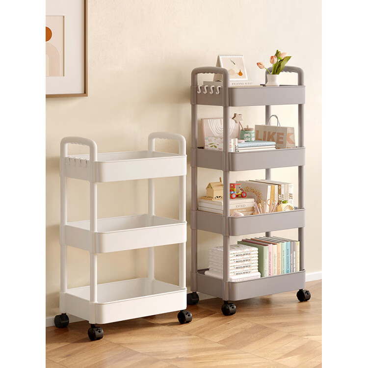 胖东来同款小推车置物架落地多层卧室厨房零食移动浴室卫生间收纳 推荐【四层】黑色|+挂钩*4+滑轮|升级加厚环保材 36x23cm x 5层