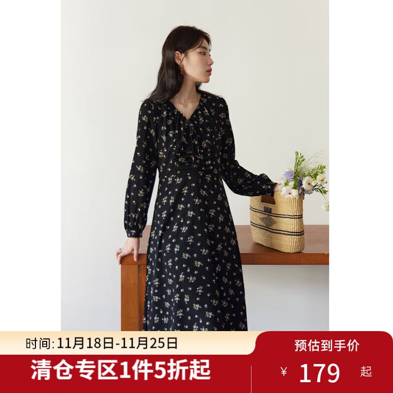 独束大码女装法式甜美V领碎花连衣裙女春装新款微胖mm显瘦茶歇裙 黑底棕花 L (尺码：2)