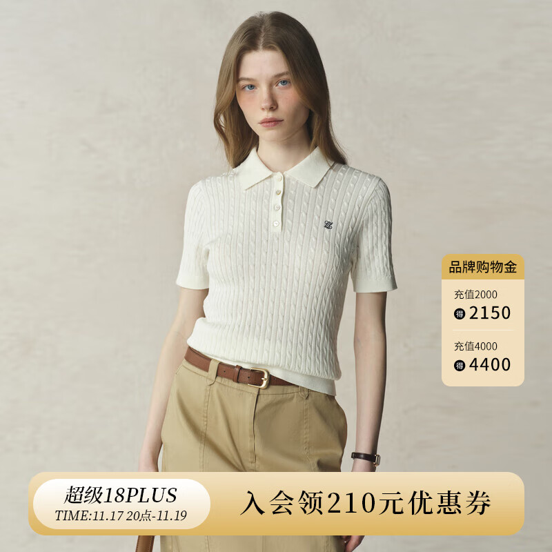 ELAND衣恋毛衣女复古翻领短袖合身显瘦长袖针织衫2025新款 象牙白EEKWF37R3 棉52% M /165