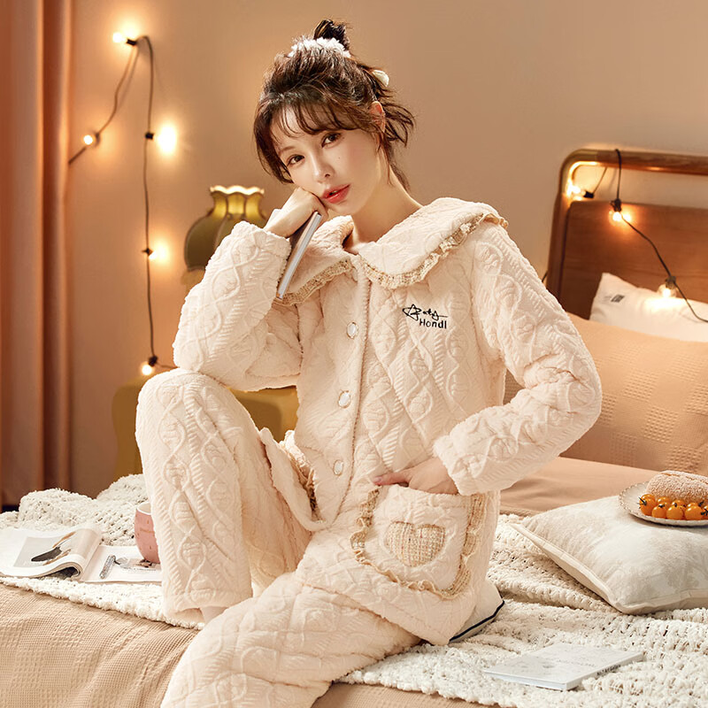 chunnian睡衣女秋冬加绒加厚珊瑚绒三层夹棉袄法兰绒女士保暖家居服套装 XEQN-2342米白 L