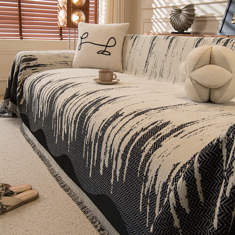 金拾美月加厚雪尼尔沙发盖巾防猫抓四季通用皮沙发套固定防滑坐垫盖毯 渐变人字纹-黑色 180cm*130cm (适用于单人位/脚踏)