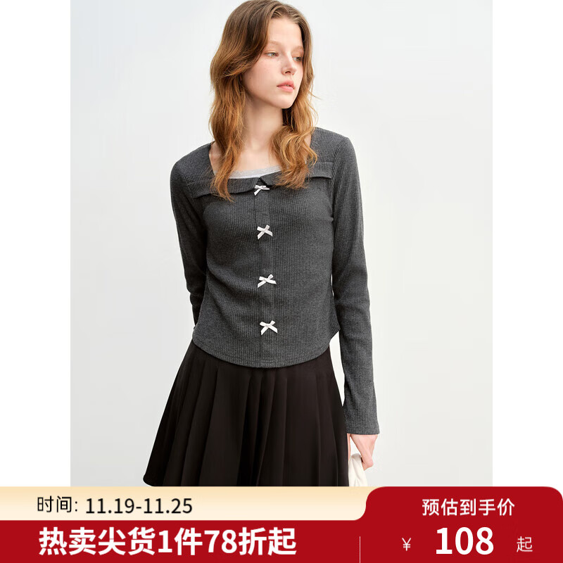 独束大码女装气质蕾丝拼接假两件T恤2024秋季新款方领蝴蝶结内搭 深麻灰 2XL (尺码：4)