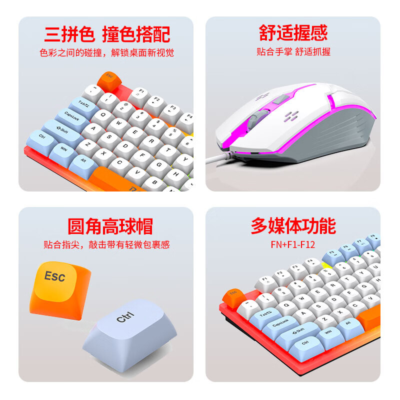 雷魁RAIKU雷魁拼色彩虹背光键盘鼠标套装笔记本电脑家用时尚K悬浮按键有线USB游戏办公T28 【键鼠套装98键】白色_彩虹背光_多媒体_三拼帽 有线