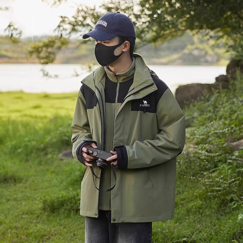 骆驼冲锋衣男秋冬季三合一可拆卸外套户外情侣款防风防水休闲夹克 抹茶绿(三合一)男女同款 S105-120斤