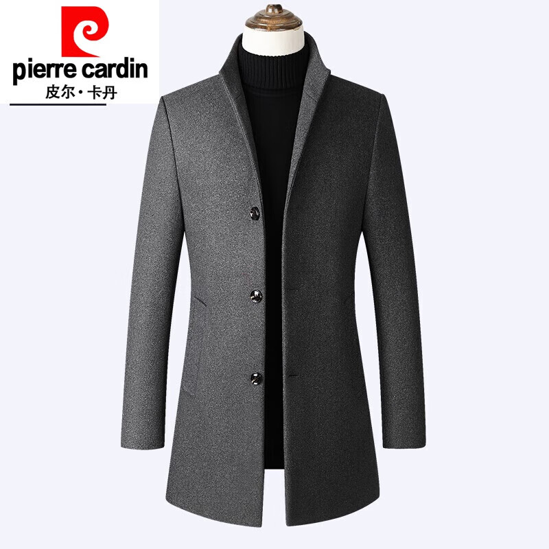 皮尔卡丹（pierre cardin）秋冬季风衣男士羊毛呢子大衣男中长款英伦毛呢外套韩版修身立领潮 灰色 9002立领 XL 180建议150斤内