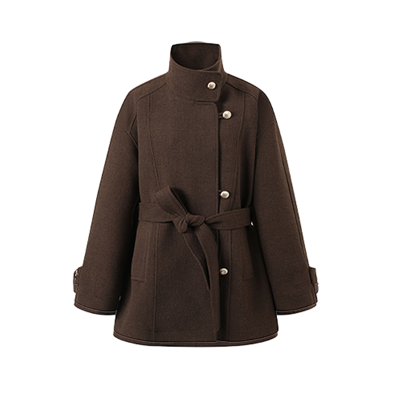 西遇（Westlink）復(fù)古棕色立領(lǐng)毛呢外套女2025冬季新款系帶收腰氣質(zhì)中長款大衣 棕色 預(yù)售15天 L (165) 預(yù)售15天