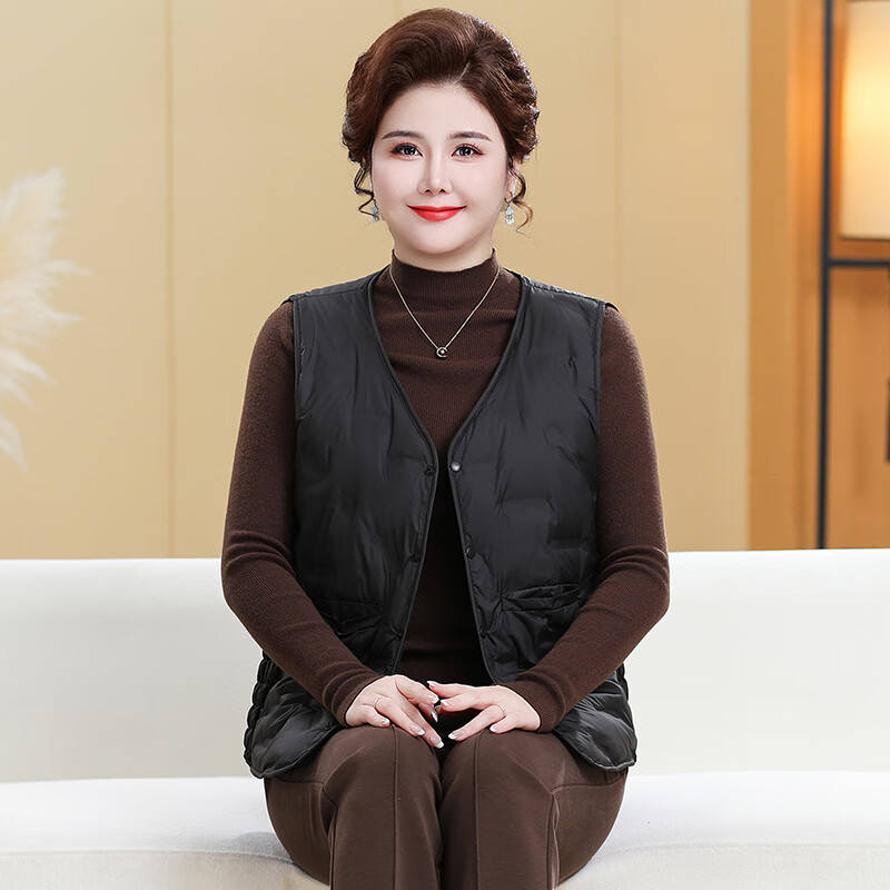 榄舍胖太太羽绒马甲女秋冬季新款内穿外搭保暖背心坎肩中老年妈妈马夹 黑色 3XL （建议120-140斤）