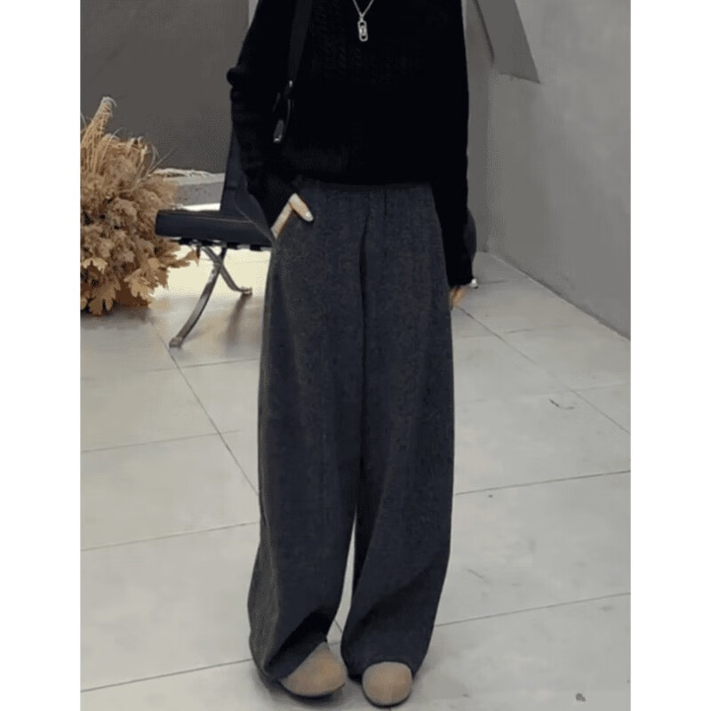 2025冬季新款韩版慵懒风弯刀裤子休闲裤女高腰显瘦阔腿裤加绒加厚 黑灰色-常规款 均码 L100-115