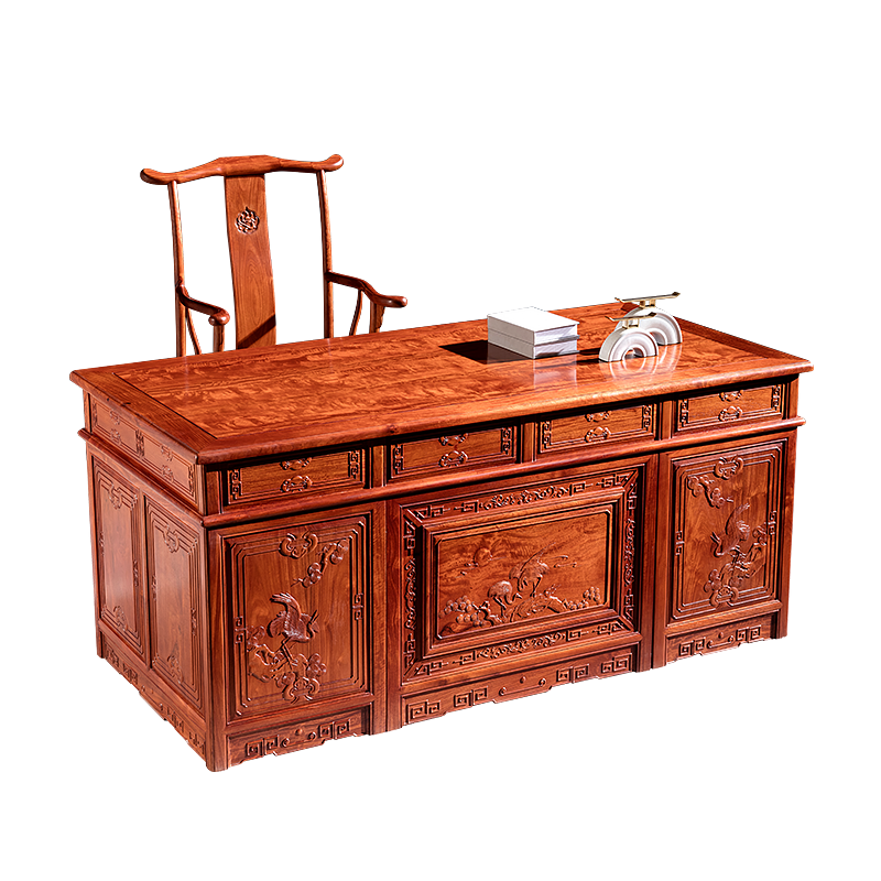 广典红木家具缅甸花梨(学名:大果紫檀)实木办公桌 学习书台 雕花办公桌  如意工作台 1.78米如意书桌+南官帽椅