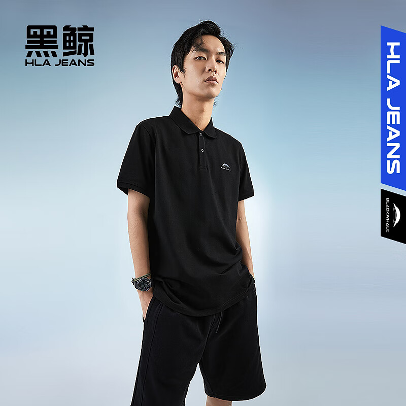 黑鲸海澜之家旗下后背印花短袖polo衫男休闲翻领polo男士 CNTPW23001A黑色01 XL