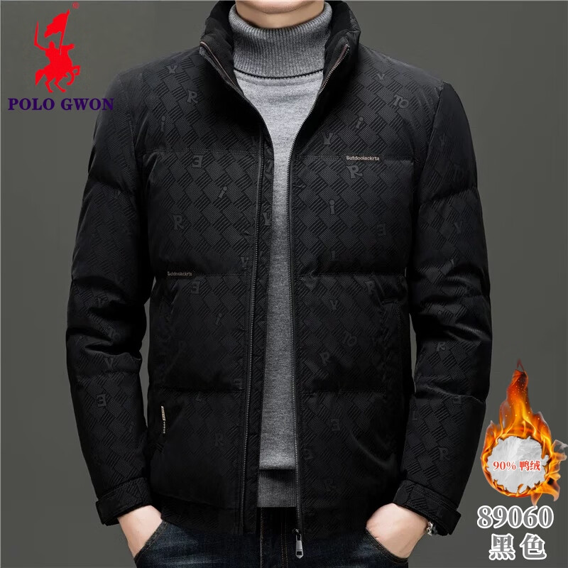 POLOGWON保罗男装羽绒服男短款加厚保暖休闲商务印花2025冬季新款外套男 黑色 3XL (190) 180-200斤