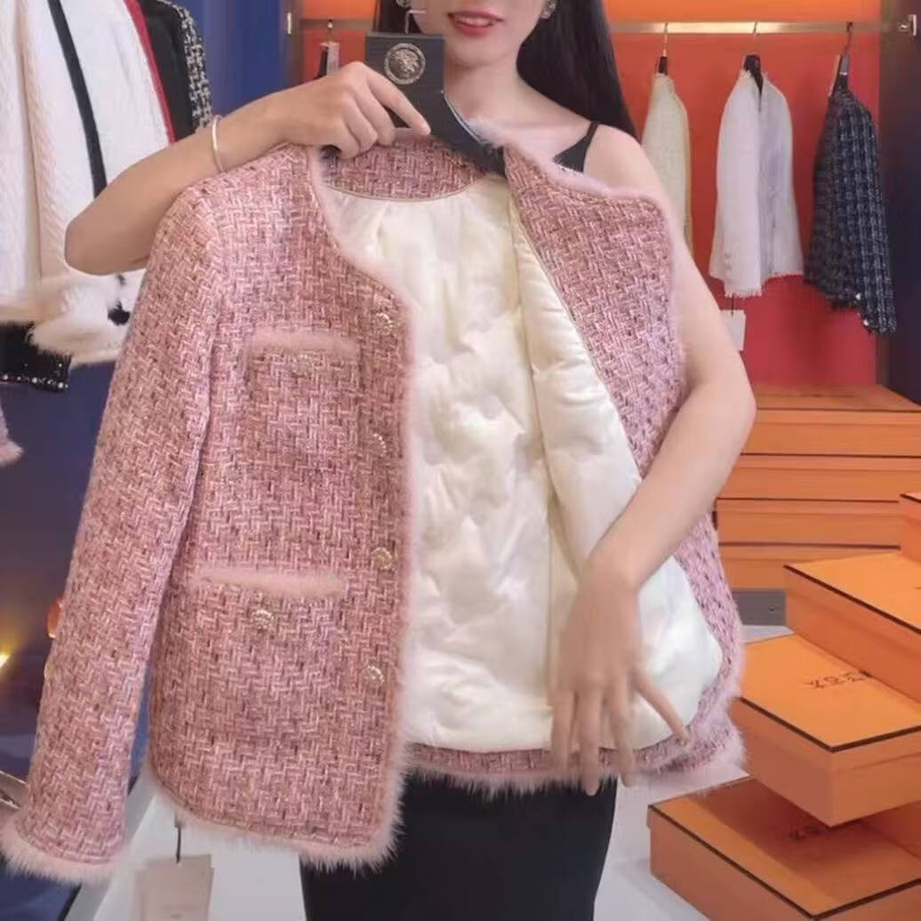 DGOV夹棉加厚粉色小香风外套女秋季新款女士轻奢感显瘦粗花呢上衣 粉色 L 【105-115斤】