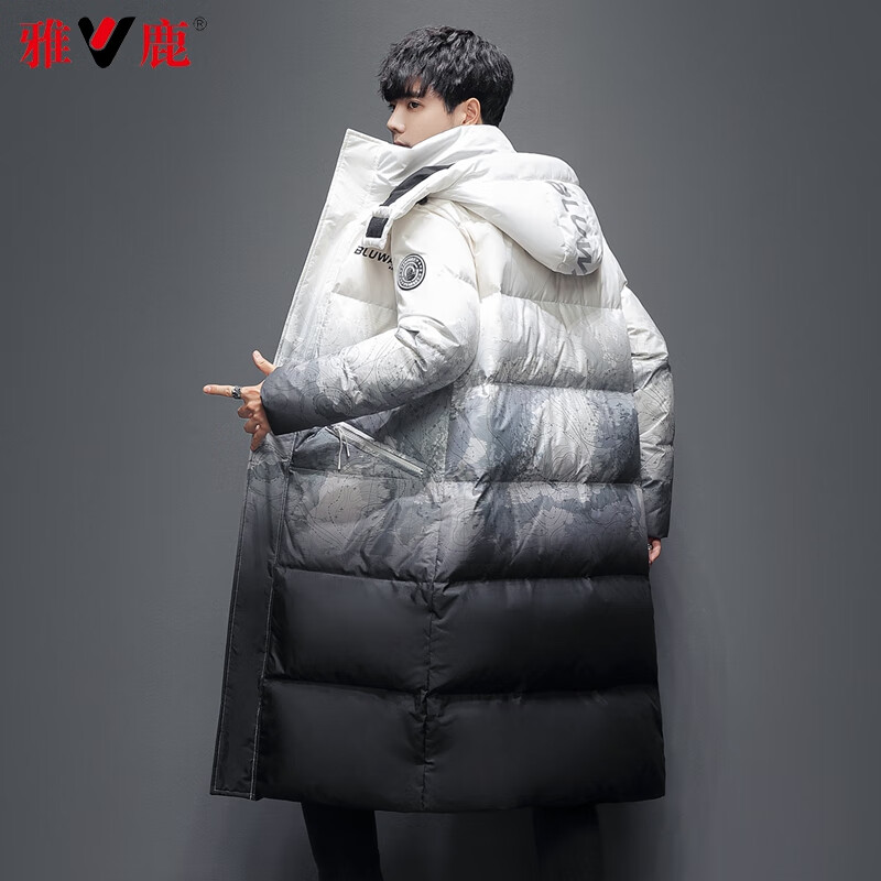 雅鹿羽绒服男女2025冬季新款迷彩加厚连帽保暖鸭绒长款时尚外套潮Q 渐变花色男款 M 170 推荐125-145斤