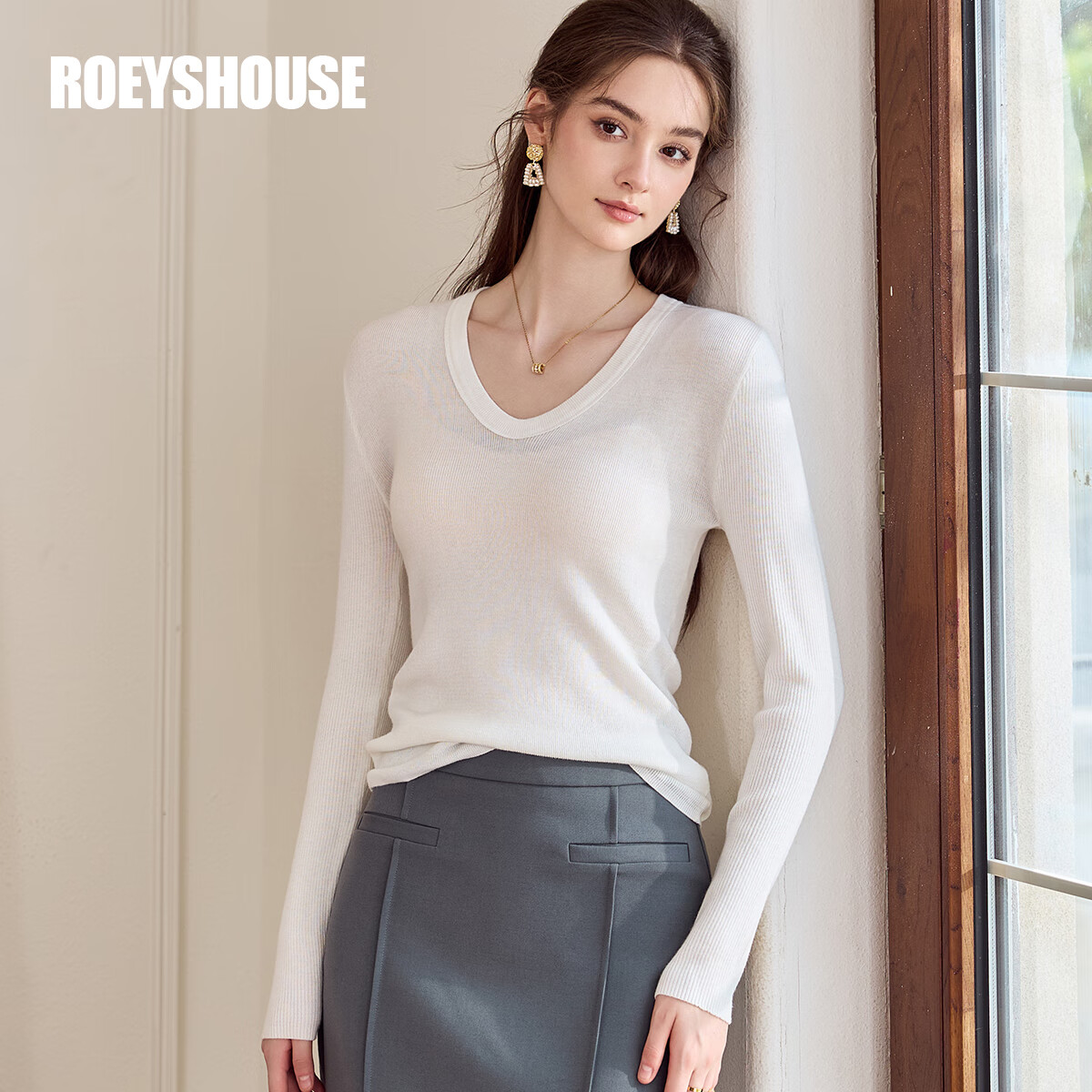 ROEYSHOUSE罗衣慵懒百搭纯色针织衫春季新款气质休闲修身打底毛衣11329 白色 M