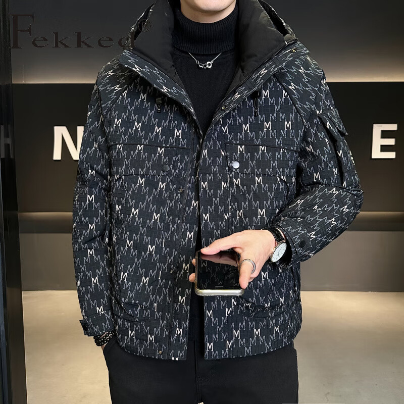 Fekked香港潮牌店主风冬季2025新款男士连帽满印休闲多口袋羽绒服外套潮 黑色 M