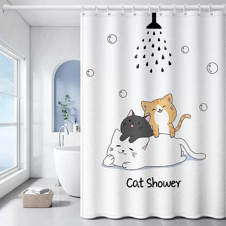 吱凡日本浴帘免打孔伸缩杆套装防水高档卫生间隔断浴室洗澡防霉窗帘布 花洒猫咪【160克加厚款】 【帘+杆】帘宽100x180+伸缩杆长70-120