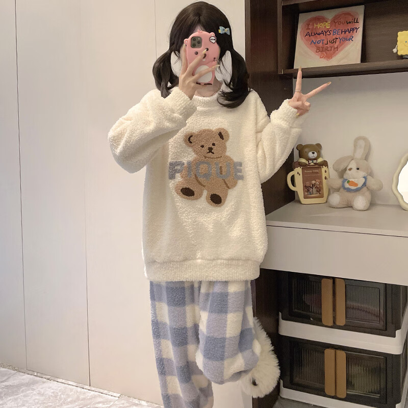 都市丽人半边绒女士睡衣女秋冬季2025新款加绒加厚家居服套装女睡衣可外穿 格子小熊 XL  （建议120-140斤）