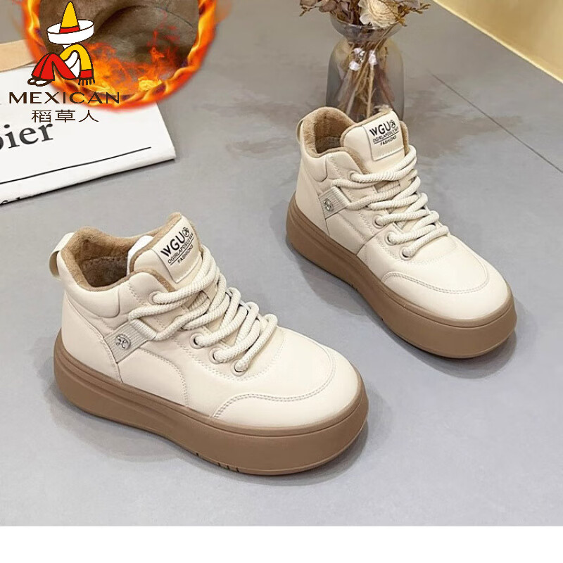 稻草人（MEXICAN）真皮加绒短靴高帮鞋子女新款2026年爆款马丁靴雪地靴百搭休闲板鞋 米白-普通版 35