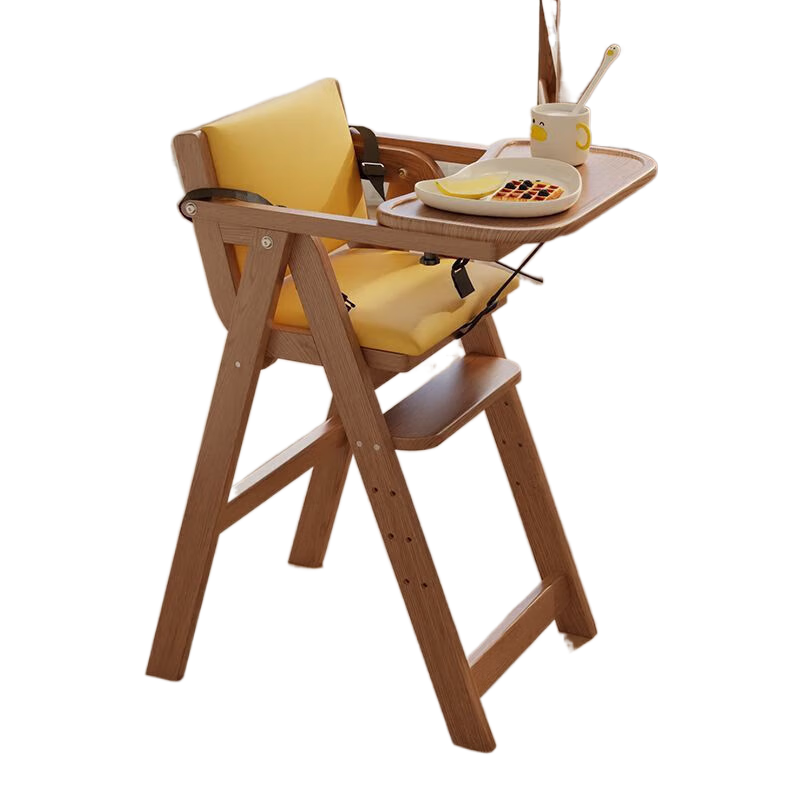 Nuskin餐椅實(shí)木寶寶酒店兒童餐桌吃飯成長座椅家用實(shí)木簡約折疊嬰兒 胡 胡桃色-寶寶餐椅帶腳踏-黃色皮墊