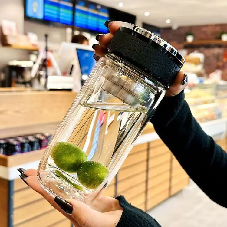 鹅蛋杯玻璃杯双层茶水分离大容量双层水杯茶杯 红色皮纹鹅蛋杯1只装