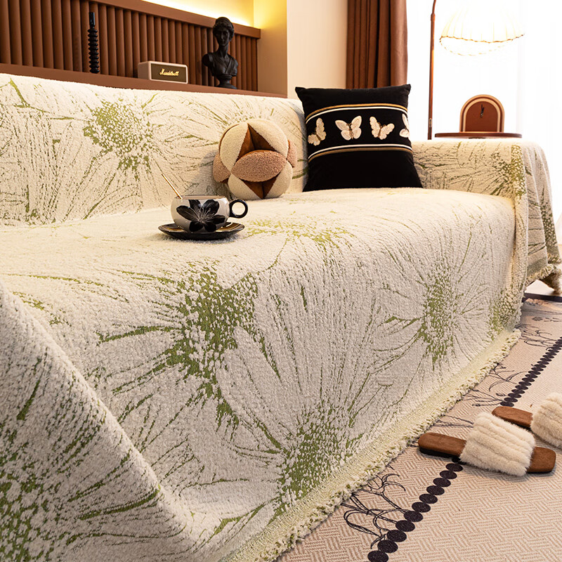 金拾美月秋冬加厚毛绒沙发盖布巾四季通用坐垫毯一整张全盖防猫抓沙发套罩 向阳花开-绿色(一触即暖 秒升温) 180cm*130cm (适用于单人位/脚踏)